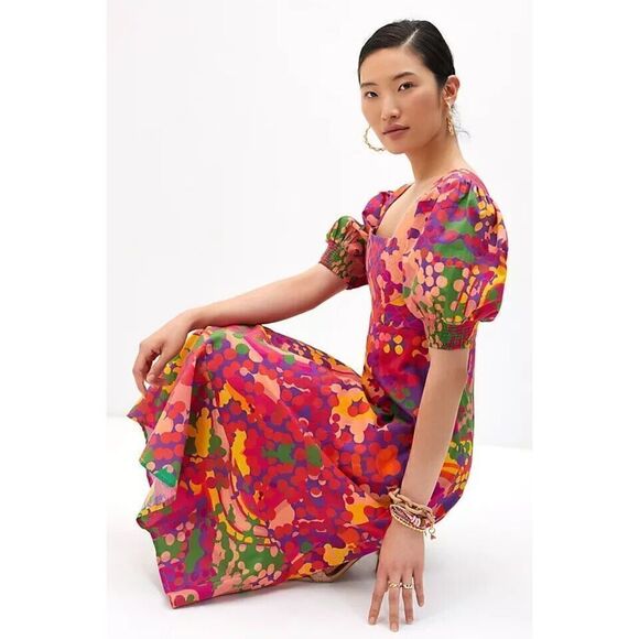 Anthropologie Roopa Pemmaraju Floral Midi Dress Abstract Colorful XS NWT - Picture 1 of 7